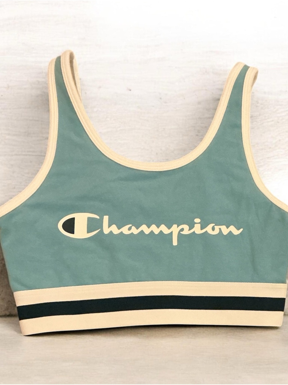 Champion Teal Sports Bra with Cream Trim and Navy Stripe